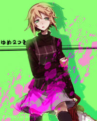 Rule 34 | 1girl, arm grab, blonde hair, chainsaw, copyright name, dew (970623), expressionless, green eyes, looking at viewer, lowres, open mouth, paint splatter, short hair, solo, urotsuki, yume 2kki