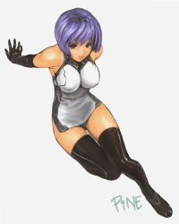 Rule 34 | 1girl, arm support, arms behind back, bare shoulders, black eyes, black thighhighs, blue hair, bodysuit, breasts, cleavage, commentary, elbow gloves, female focus, from above, full body, gloves, jayun, large breasts, original, short hair, simple background, sitting, solo, thighhighs, white background, zettai ryouiki