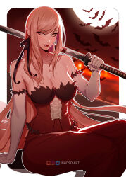 Rule 34 | 1girl, arm support, bare shoulders, bat (animal), black ribbon, blonde hair, border, breasts, cleavage, closed mouth, collarbone, commentary, dress, elbow gloves, english commentary, feather-trimmed gloves, full moon, gloves, hair ribbon, highres, holding, holding sword, holding weapon, inhoso, instagram logo, katana, kiss-shot acerola-orion heart-under-blade, kizumonogatari, kokorowatari, large breasts, lipstick, long hair, looking at viewer, makeup, monogatari (series), moon, oshino shinobu, outside border, over shoulder, patreon logo, pointy ears, red dress, red lips, ribbon, simple background, sitting, smile, solo, strapless, strapless dress, swept bangs, sword, twitter logo, very long hair, weapon, weapon over shoulder, white border, white gloves, yellow eyes