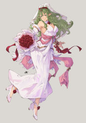Rule 34 | 1girl, absurdres, bare shoulders, bouquet, breasts, bridal veil, bride, cleavage, detached collar, detached sleeves, dress, fire emblem, fire emblem awakening, fire emblem heroes, flower, frills, green eyes, green hair, grey background, hair ornament, high heels, highres, holding, holding bouquet, large breasts, long dress, long hair, nintendo, pointy ears, ponytail, rose, sakuremi, simple background, smile, solo, strapless, strapless dress, tiara, tiki (adult) (fire emblem), tiki (fire emblem), veil, wedding, wedding dress, white dress, white footwear