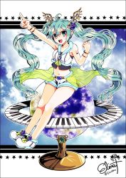 Rule 34 | 1girl, arms up, artist name, blue hair, bracelet, cloud, cloudy sky, commentary request, earth (planet), elina (e2n04n), green eyes, hair between eyes, hatsune miku, head wings, jewelry, midriff, navel, piano keys, planet, pointing, shorts, shoulder tattoo, sitting, sky, sleeveless, sleeveless jacket, solo, tattoo, twintails, twitter username, vocaloid, white footwear, wings