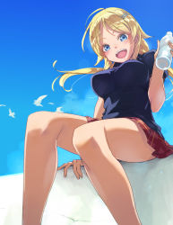 Rule 34 | 1girl, :d, ahoge, bare legs, bird, black shirt, blonde hair, blue eyes, blue sky, blush, bottle, breasts, day, feet out of frame, from below, hachimiya meguru, hair ornament, hairclip, holding, holding bottle, idolmaster, idolmaster shiny colors, kawaty, legs, long hair, looking at viewer, looking down, medium breasts, miniskirt, open mouth, outdoors, parted bangs, plaid, plaid skirt, red skirt, shirt, short sleeves, sitting, skirt, sky, smile, solo, sparkle, tareme, teeth, upper teeth only