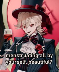 Rule 34 | alcohol, alternate costume, bow, bowtie, cup, drinking glass, english text, fang, flower, genshin impact, grey hair, hat, lyney (genshin impact), meme, nana illust, on chair, red eyes, red flower, red rose, rose, short hair, sitting, top hat, vampire, wine, wine glass