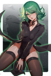 Rule 34 | 1girl, black dress, black thighhighs, breasts, curly hair, dress, green eyes, green hair, hair between eyes, highres, inhoso, looking at viewer, one-punch man, parted lips, shadow, short hair, sidelocks, small breasts, solo, tatsumaki, thighhighs