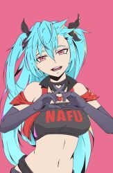 Rule 34 | 1girl, akeno(itsnafulol), belt, blue hair, breasts, clothing cutout, crop top, driptaku, elbow gloves, gloves, hair between eyes, hair over one eye, hair ribbon, heart, heart cutout, heart hands, heart necklace, jewelry, looking at viewer, medium breasts, midriff, necklace, pink background, pink eyes, ribbon, smile, twintails