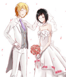 Rule 34 | 2girls, black hair, blonde hair, blouse, blush, bouquet, breasts, bride, character request, cleavage, dress, flower, formal, gloves, groom, hand on own hip, headpat, highres, holding, holding bouquet, multiple girls, necktie, purple necktie, shirt, smile, standing, suit, tennessee (warship girls r), veil, waistcoat, warship girls r, wedding dress, white background, white shirt, wife and wife, xing muhen, yuri