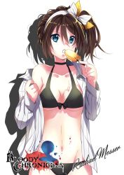 Rule 34 | 1girl, bare shoulders, bikini, bloody chronicles, blue eyes, blush, bow, breasts, choker, collarbone, copyright name, cowboy shot, eating, hair between eyes, hair bow, hair ribbon, hair up, hairband, kaoru moriyama, logo, long hair, looking at viewer, off shoulder, official art, open clothes, open mouth, open shirt, popsicle, ribbon, voice actor, shadow, shirt, simple background, solo, standing, swimsuit, tareme, underboob, white background, white shirt