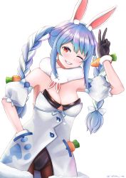 Rule 34 | 1girl, absurdres, animal ear fluff, animal ears, bare shoulders, black gloves, black leotard, black pantyhose, blue hair, blue ribbon, blush, bow, braid, breasts, carrot, carrot hair ornament, carrot print, cleavage, cowboy shot, detached sleeves, don-chan (usada pekora), dress, dutch angle, food-themed hair ornament, food print, fur trim, gloves, grin, hair bow, hair ornament, hair ribbon, hand in pocket, hand up, highres, hololive, leotard, long hair, looking at viewer, mokuka noe, multicolored hair, one eye closed, orange eyes, pantyhose, pom pom (clothes), puffy short sleeves, puffy sleeves, rabbit-shaped pupils, rabbit ears, ribbon, short sleeves, sidelocks, silver hair, simple background, small breasts, smile, solo, standing, symbol-shaped pupils, thick eyebrows, tress ribbon, twin braids, twintails, two-tone hair, usada pekora, usada pekora (1st costume), v, virtual youtuber, white background, white bow, white dress