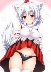 Rule 34 | 1girl, :o, animal ears, black panties, blush, breasts, cameltoe, clothes lift, detached sleeves, hat, inubashiri momiji, lifting own clothes, long hair, looking at viewer, medium breasts, nagana sayui, navel, panties, red eyes, red hat, short hair, skirt, skirt lift, solo, sweat, tail, thighhighs, tokin hat, touhou, underwear, white hair, white thighhighs, wolf ears, wolf tail