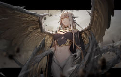 Rule 34 | 1girl, ancient dragon lansseax, aquila-n, black shirt, bottomless, breasts, cape, collar, cropped shirt, dragon girl, dragon horns, dragon tail, dragon wings, elden ring, extra horns, highres, horns, long hair, looking at viewer, medium breasts, multiple wings, navel, personification, scales, shirt, slit pupils, stomach, tail, white hair, wings, yellow eyes
