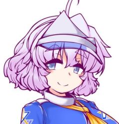 Rule 34 | 1girl, ahoge, blue eyes, closed mouth, commentary request, hat, hensheru, letty whiterock, looking at viewer, lowres, purple hair, short hair, simple background, smile, solo, touhou, upper body, visor cap, white background, white hat