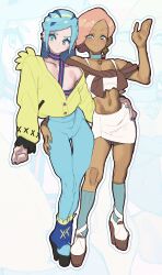 Rule 34 | 2boys, absurdres, blue eyes, blue hair, blush, choker, closed mouth, creatures (company), crop top, ear piercing, earrings, frown, game freak, gloss (hotglossed), grusha (pokemon), high heels, highres, ilima (pokemon), jacket, jewelry, long hair, long sleeves, looking at viewer, medium hair, multiple boys, navel, navel piercing, nintendo, pants, piercing, pink hair, pokemon, pokemon sm, pokemon sv, pokemon swsh, simple background, skirt, smile, standing, trap, white background