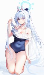 Rule 34 | 1girl, absurdres, bare shoulders, blue archive, blue hair, breasts, cleavage, highres, light blue hair, long hair, looking at viewer, medium breasts, miyako (blue archive), ponytail, purple eyes, smile, sob (submar1089), solo, swimsuit, wide hips