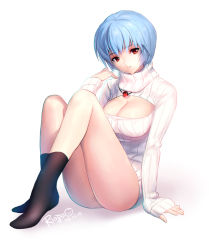 Rule 34 | 10s, 1girl, 2014, artist name, ayanami rei, bad id, bad pixiv id, black socks, blue hair, bottomless, breasts, cleavage, cleavage cutout, clothing cutout, dated, expressionless, full body, jewelry, large breasts, long sleeves, looking at viewer, matsuki ringo, meme attire, necklace, neon genesis evangelion, open-chest sweater, red eyes, ribbed sweater, short hair, signature, simple background, sitting, sleeves past wrists, socks, solo, sweater, turtleneck, white background