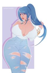 Rule 34 | 1girl, blue eyes, blue hair, blue nails, breasts, cleavage, denim, fingernails, highres, huge breasts, jeans, kokobuttz, long fingernails, looking at viewer, nail polish, one eye closed, pants, solo, torn clothes, wink