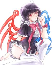 Rule 34 | 1girl, asymmetrical wings, black dress, black hair, blue wings, commentary request, dress, frilled dress, frilled sleeves, frills, houjuu nue, nail polish, open mouth, pointy ears, red eyes, red neckwear, red wings, rosette (roze-ko), short dress, short hair, short sleeves, sitting, thighhighs, thighs, touhou, white thighhighs, wings