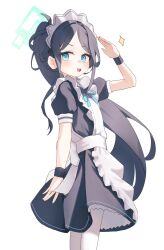 Rule 34 | 1girl, absurdly long hair, apron, aris (blue archive), aris (maid) (blue archive), black dress, black hair, blue archive, blue eyes, blush, cowboy shot, dress, frilled apron, frills, green halo, halo, highres, jambujok, long hair, maid, maid apron, maid headdress, official alternate costume, open mouth, pantyhose, ponytail, puffy short sleeves, puffy sleeves, short sleeves, simple background, smile, solo, very long hair, white apron, white background, white pantyhose