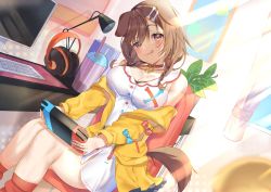 Rule 34 | 1girl, animal ears, bone hair ornament, braid, breasts, brown eyes, brown hair, choker, cleavage, commentary request, dog ears, dog girl, dog tail, dress, hair ornament, hairclip, hololive, inugami korone, inugami korone (1st costume), jacket, jinbei (user tpny4757), large breasts, looking at viewer, nintendo switch, open clothes, red socks, short dress, sitting, sleeveless, sleeveless dress, smile, socks, solo, tail, thighs, tongue, tongue out, virtual youtuber, white dress, yellow jacket