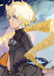 Rule 34 | 1boy, blonde hair, blue eyes, fate/grand order, fate/requiem, fate (series), goggles, goggles around neck, gradient background, highres, jacket, male focus, open clothes, open jacket, scarf, short hair, short sleeves, solo, star (symbol), voyager (fate), yellow scarf, yorurokujuu, zipper