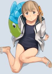Rule 34 | 1girl, alternate costume, arm support, artist name, black one-piece swimsuit, blonde hair, blue background, blue eyes, blue sailor collar, blunt bangs, flat chest, full body, hair ornament, hair ribbon, innertube, jacket, kantai collection, long hair, looking at viewer, makio (makiomeigenbot), one-piece swimsuit, open clothes, ribbon, sailor collar, sandals, school swimsuit, shin&#039;you (kancolle), side ponytail, solo, swim ring, swimsuit, white jacket