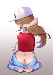 Rule 34 | 10s, 1girl, arm behind head, ass, backless dress, backless outfit, backpack, bag, bare back, barefoot, blue sweater, brown hair, butt crack, crime prevention buzzer, dress, from behind, full body, gradient background, grey background, hataraku saibou, highres, long hair, meme attire, naked sweater, platelet (hataraku saibou), randoseru, simple background, sitting, sk tori, solo, sweater, sweater dress, virgin killer sweater