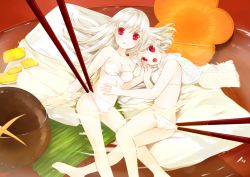 Rule 34 | 2girls, :o, ahira yuzu, albino, ass, barefoot, bikini, blush, bowl, carrot, chopsticks, collarbone, eyebrows, flower, food, fruit, highres, holding hands, in bowl, in container, in food, interlocked fingers, long hair, looking at viewer, mini person, minigirl, mochi, multiple girls, mushroom, original, oversized object, panties, panty pull, partially submerged, personification, pulling another&#039;s clothes, red eyes, ripples, scarf, strapless, strapless bikini, swimsuit, tofu, underwear, wagashi, white bikini, white hair, white scarf, yuzu (fruit), zouni soup