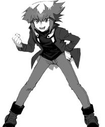 Rule 34 | 1boy, aoki (fumomo), boots, clenched hand, duel academy uniform (yu-gi-oh! gx), greyscale, hair between eyes, hand on own hip, high collar, jacket, long sleeves, male focus, monochrome, open mouth, pants, shirt, simple background, solo, spiked hair, standing, white background, yu-gi-oh!, yu-gi-oh! gx, yuki judai