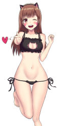 Rule 34 | 1girl, 1nilla&#039;, ;d, animal ears, bare shoulders, barefoot, black bra, black panties, blush, blush stickers, bra, breasts, brown eyes, brown hair, cat cutout, cat ear panties, cat ears, cat lingerie, cleavage, cleavage cutout, clothing cutout, collarbone, cowboy shot, d.va (overwatch), facepaint, facial mark, fake animal ears, fingernails, frilled bra, frills, groin, hands up, heart, highres, index finger raised, leg up, long hair, medium breasts, meme attire, navel, one eye closed, open mouth, overwatch, overwatch 1, panties, pointing, pointing at viewer, side-tie panties, simple background, smile, solo, spoken heart, standing, standing on one leg, stomach, teeth, thigh gap, toenails, toes, tongue, underwear, underwear only, whisker markings, white background, wide hips