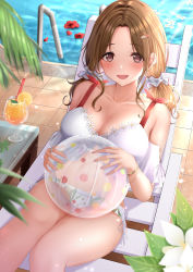 Rule 34 | 1girl, bare shoulders, beach chair, bikini, blush, breasts, brown eyes, brown hair, cleavage, collarbone, cup, drinking glass, flower, hair ornament, hairclip, highres, ichikawa hinana, idolmaster, idolmaster shiny colors, large breasts, long hair, looking at viewer, monaka curl, open mouth, parted bangs, pool, smile, sunlight, swimsuit, twintails, white bikini