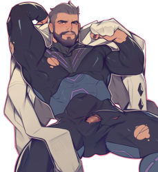 Rule 34 | 1boy, bara, beard, black bodysuit, bodysuit, bulge, creatures (company), erection, erection under clothes, facial hair, game freak, highres, holo eden, lab coat, large pectorals, looking at viewer, male focus, muscular, muscular male, nintendo, pectorals, pink bodysuit, pokemon, pokemon sv, purple bodysuit, short hair, smile, solo, thick thighs, thighs, torn bodysuit, torn clothes, turo (pokemon), two-tone bodysuit, undercut, unworn clothes