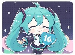 Rule 34 | 1girl, ^ ^, aqua hair, aqua necktie, balloon, black footwear, black skirt, black sleeves, blush stickers, boots, chibi, closed eyes, closed mouth, collared shirt, commentary, detached sleeves, facing viewer, full body, hair between eyes, hatsune miku, hatsune miku (vocaloid3), heart, long hair, long sleeves, najo, necktie, pleated skirt, see-through, see-through sleeves, shirt, signature, skirt, sleeves past wrists, solo, thigh boots, tie clip, twintails, very long hair, vocaloid, white shirt, wide sleeves