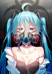 Rule 34 | 1girl, ahoge, biohazard symbol, black camisole, blue eyes, blue hair, camisole, commentary request, gas mask, glowing, hair between eyes, hair ornament, hatsune miku, highres, jacket, long hair, looking at viewer, mask, off shoulder, open clothes, open jacket, qys3, respirator, solo, strap slip, twintails, upper body, vocaloid, white jacket