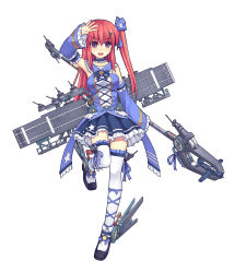 Rule 34 | 1girl, battleship girl, breasts, detached sleeves, full body, hair ornament, high heels, long hair, looking at viewer, machinery, open mouth, purple eyes, ranger (battleship girl), red eyes, ribbon trim, side ponytail, simple background, skirt, smile, solo, srwsrx (gp03dsrx), thighhighs, turret, white background, white thighhighs