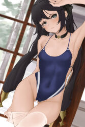 Rule 34 | 1girl, absurdres, arm up, armpits, bare shoulders, black hair, blue one-piece swimsuit, breasts, choker, collarbone, covered navel, genshin impact, green eyes, hand on own thigh, hand under clothes, highleg, highleg swimsuit, highres, l ract, long hair, looking at viewer, mona (genshin impact), one-piece swimsuit, small breasts, solo, standing, swimsuit, thighhighs, thighs, twintails, white thighhighs