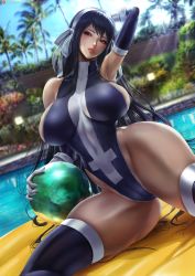 Rule 34 | 1girl, arm behind head, armpits, bare shoulders, day, fairy tail, lexaiduer, patreon logo, pool, solo, stone, teeth, thick thighs, thighhighs, thighs, tree, ultear milkovich, upper teeth only, watermark, wide hips