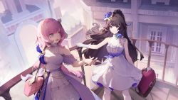 Rule 34 | 2girls, :d, absurdres, artist request, bag, bare shoulders, blue eyes, blue flower, blue rose, city, cityscape, dress, elf, elysia (honkai impact), flower, gloves, hair flower, hair ornament, highres, holding, holding bag, honkai (series), honkai impact 3rd, long hair, looking at another, multiple girls, open mouth, outdoors, pink hair, pointy ears, purple hair, raiden mei, raiden mei (valkyrie bladestrike), rose, shoulder bag, sleeveless, sleeveless dress, smile, stairs, standing, thighhighs, wedding dress, white dress, white gloves, white thighhighs