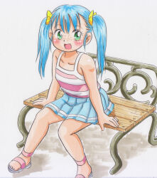 Rule 34 | 1girl, bench, blue hair, blue skirt, blush, bow, child, collarbone, freckles, green eyes, hair bow, highres, long hair, looking at viewer, marup, open mouth, sandals, shirt, shoes, sitting, skirt, smile, striped clothes, striped shirt, tank top, twintails, white background, white footwear, white shirt, yellow bow