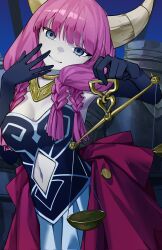 Rule 34 | 1girl, aura (sousou no frieren), balance scale, black corset, black gloves, blue background, blue eyes, braid, breasts, cleavage, clothing cutout, corset, cowboy shot, demon girl, demon horns, elbow gloves, finger to face, gloves, gold necklace, hand up, highres, holding scale, horns, jewelry, long hair, looking at viewer, medium breasts, myuga66666, navel, navel cutout, necklace, parted lips, pink hair, pleated skirt, simple background, skirt, smile, solo, sousou no frieren, standing, waist cape, weighing scale, white skirt