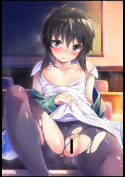 Rule 34 | 10s, 1girl, bare shoulders, black hair, black pantyhose, breasts, breasts out, censored, hair between eyes, highres, hinasaki you, kitayama shizuku, leg up, mahouka koukou no rettousei, nipples, no bra, no panties, open clothes, open mouth, open shirt, pantyhose, puffy nipples, purple eyes, pussy, pussy juice, school uniform, shirt, short hair, sidelocks, sitting, small breasts, solo, spread legs, sweat, torn clothes, torn pantyhose, undressing