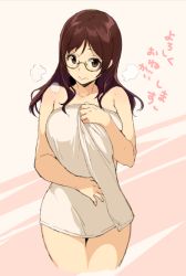 Rule 34 | 1girl, akizono kanna, alternate hairstyle, brown hair, glasses, hair down, hand on own stomach, long hair, mole, mole under mouth, naked towel, sasamori tomoe, smile, solo, succubus stayed life, towel, white towel