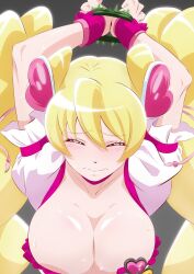 Rule 34 | 1girl, arms up, blonde hair, bound, bound wrists, breasts, choker, cleavage, closed eyes, closed mouth, collarbone, cure peach, fresh precure!, fuchi (nightmare), hair between eyes, hair ornament, heart, heart hair ornament, highres, large breasts, long hair, magical girl, momozono love, pink choker, precure, puffy short sleeves, puffy sleeves, short sleeves, solo, twintails, upper body, very long hair