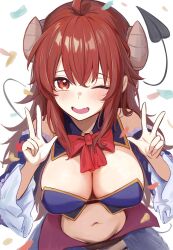 Rule 34 | 1girl, ahoge, blue sleeves, borushichi, bow, bowtie, breasts, cleavage, commentary, crisis management form (machimazo), curled horns, demon girl, demon horns, demon tail, detached sleeves, double w, highres, horns, large breasts, long hair, looking at viewer, machikado mazoku, one eye closed, open mouth, red bow, red bowtie, red eyes, red hair, simple background, smile, solo, tail, w, white background, yoshida yuuko (machikado mazoku)