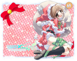 Rule 34 | 1girl, ass, bandaid, bandaid on knee, bandaid on leg, bell, black socks, blush, bow, bowtie, brown eyes, brown hair, christmas, covering ass, covering privates, dress, dress tug, elbow gloves, glasses, gloves, green ribbon, hat, heart, heart background, ito noizi, kneehighs, lace, lace-trimmed panties, lace trim, lying, on side, original, panties, pink background, plaid, plaid background, red gloves, ribbon, santa costume, santa hat, shoes, short hair, socks, solo, striped bow, striped bowtie, striped clothes, striped neckwear, tears, underwear, white panties