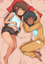 Rule 34 | 2girls, animal costume, animal hood, bad id, bad pixiv id, bare shoulders, barefoot, bear costume, bed sheet, black hair, black shorts, blue shirt, blush, brown hair, child, commentary request, dark skin, dark-skinned female, drooling, closed eyes, fang, hai ookami, highres, hood, hood up, long hair, long sleeves, lying, midriff, mole, mole under eye, multiple girls, navel, on bed, on side, open mouth, original, pillow, revision, saliva, shirt, shorts, sleeping, tan, tank top, thick eyebrows, very long hair