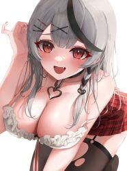 Rule 34 | 1girl, :d, black choker, black garter straps, black hair, black thighhighs, blush, braid, breasts, camisole, choker, cleavage, fang, garter straps, grey hair, hair ornament, hairclip, highres, hololive, large breasts, long hair, looking at viewer, multicolored hair, open mouth, pleated skirt, red eyes, red skirt, sakamata chloe, shinonome shino (artist), skirt, smile, streaked hair, thighhighs, torn clothes, torn thighhighs, virtual youtuber, white camisole, x hair ornament