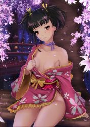 Rule 34 | 10s, 1girl, absurdres, bare shoulders, black hair, blunt bangs, bow, breasts, bride, brown eyes, cherry blossoms, choker, closed mouth, collarbone, cowboy shot, eyelashes, fire, floral print, flower, frills, hair ribbon, highres, japanese clothes, kimono, koutetsujou no kabaneri, lantern, long sleeves, looking at viewer, md5 mismatch, mumei (kabaneri), night, nonoririn, obi, off shoulder, petals, red eyes, resolution mismatch, ribbon, ribbon choker, sash, short hair, short kimono, sidelocks, sitting, small breasts, smile, solo, source smaller, tree, twintails, wide sleeves