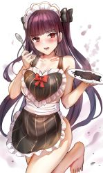 Rule 34 | 1girl, :d, apron, bare shoulders, black bow, blush, bow, breasts, burnt food, collarbone, cowboy shot, girls&#039; frontline, hair bow, headdress, heart, himonoata, holding, holding spoon, holding tray, large breasts, leg up, long hair, looking at viewer, naked apron, open mouth, purple hair, red eyes, sidelocks, smile, smoke, solo, spoon, sweatdrop, tray, very long hair, wa2000 (girls&#039; frontline)