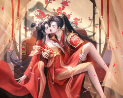 Rule 34 | 1boy, 1girl, bare legs, barefoot, chair, character request, chinese clothes, closed eyes, curtains, earrings, falling petals, hair bun, hair ornament, hand on own chest, hetero, highres, holding another&#039;s leg, indoors, jewelry, kiss, long hair, long sleeves, mingzi jiao shushu, petals, ponytail, second-party source, sexually suggestive, solo, wanmei shijie, yue chan (wanmei shijie)