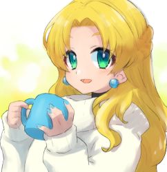 Rule 34 | 1girl, :d, blonde hair, braid, commentary, cup, earrings, eyelashes, forehead, green eyes, hair over shoulder, holding, holding cup, jewelry, kalinka cossack (mega man), long hair, long sleeves, looking at viewer, mega man (classic), mega man (series), mega man x: command mission, mega man x (series), mug, open mouth, smile, solo, sweater, tobitori, upper body, white sweater