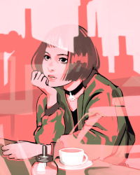 Rule 34 | 1girl, bad id, bad pixiv id, black choker, black eyes, black shirt, bob cut, bottle, brown hair, choker, coffee cup, commentary, cup, diner, disposable cup, elbow rest, greenblack, hand on table, head rest, highres, jewelry, leon the professional, lips, looking afar, mathilda lando, mug, parted lips, pendant, pendant choker, reflection, saucer, shirt, short hair, solo, syrup, window
